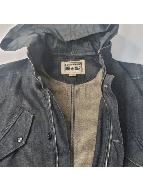 Converse One Star Men's Hooded Full Zip Button Black Denim Jacket Size L - Picture 5 of 14